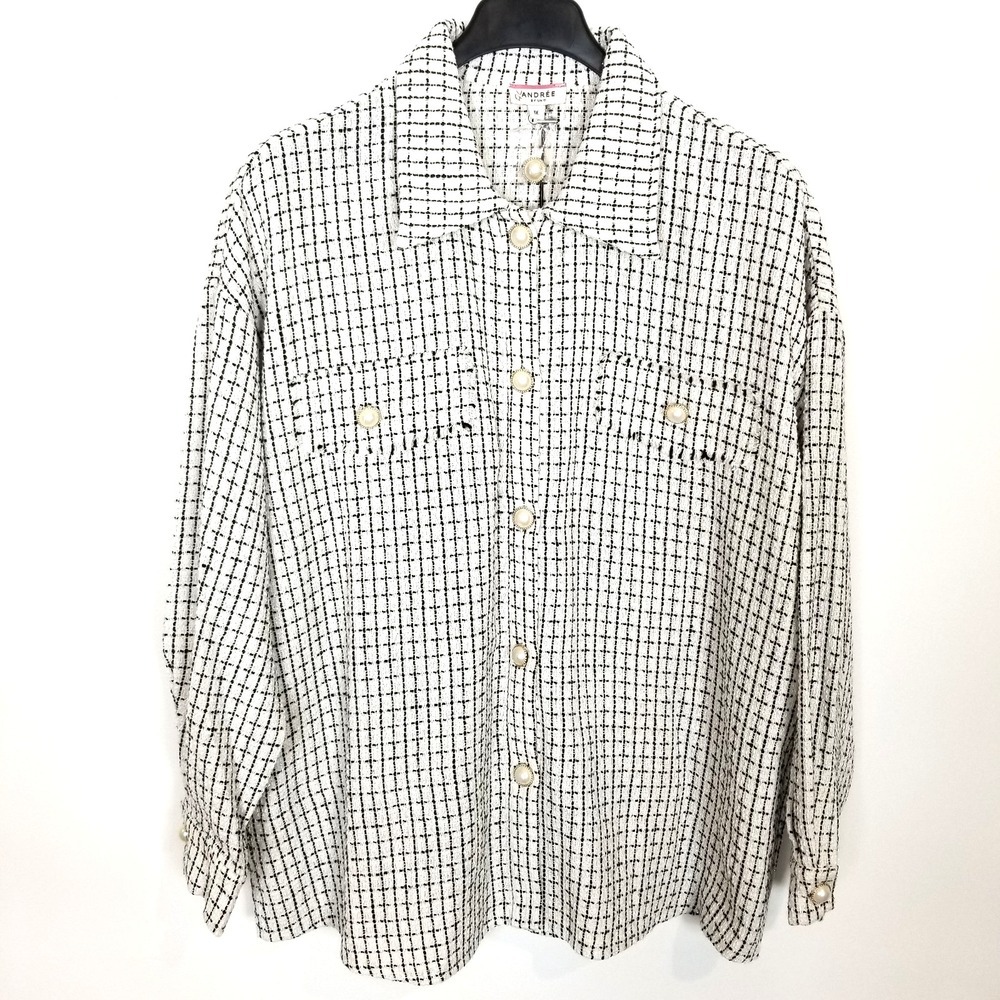 Andree By Unit Women Plus Tweed Shirt‎ Jacket Sz 1X White Black Plaid Button Up